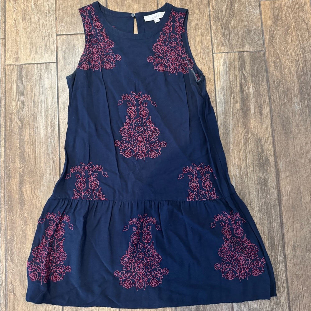 LOFT Navy Dress with Red Floral Detail
